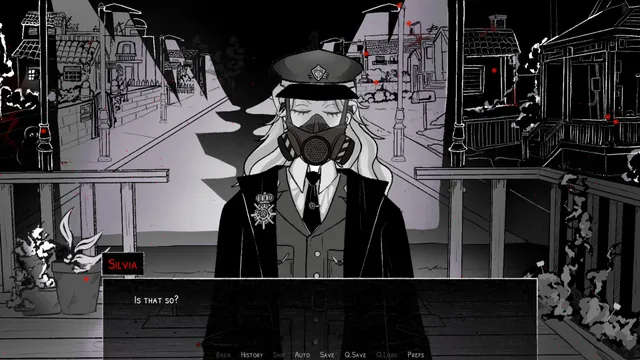 Mycopsychosys screenshot: Silvia, a plague officer in a gas mask and peaked cap, stands in a street outside
