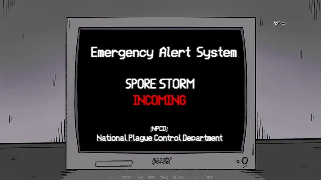 Mycopsychosys screenshot: an old television shows an Emergency Alert System warning, Spore Storm Incoming, from the National Plague Control Department