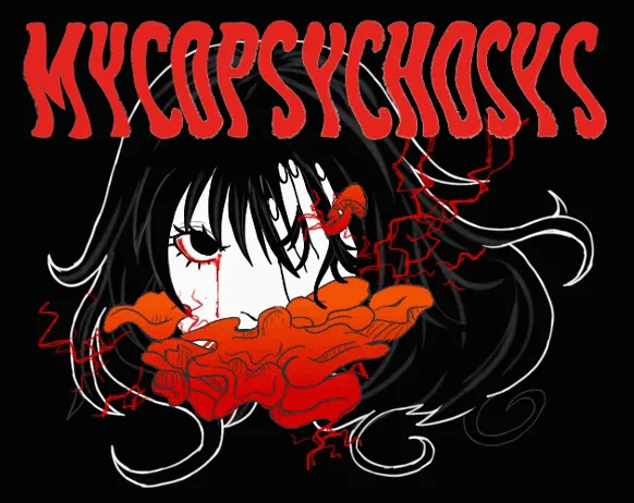 Mycopsychosys title art: a pale girl with a bleeding eye and red fungus growing over her mouth, under the red title