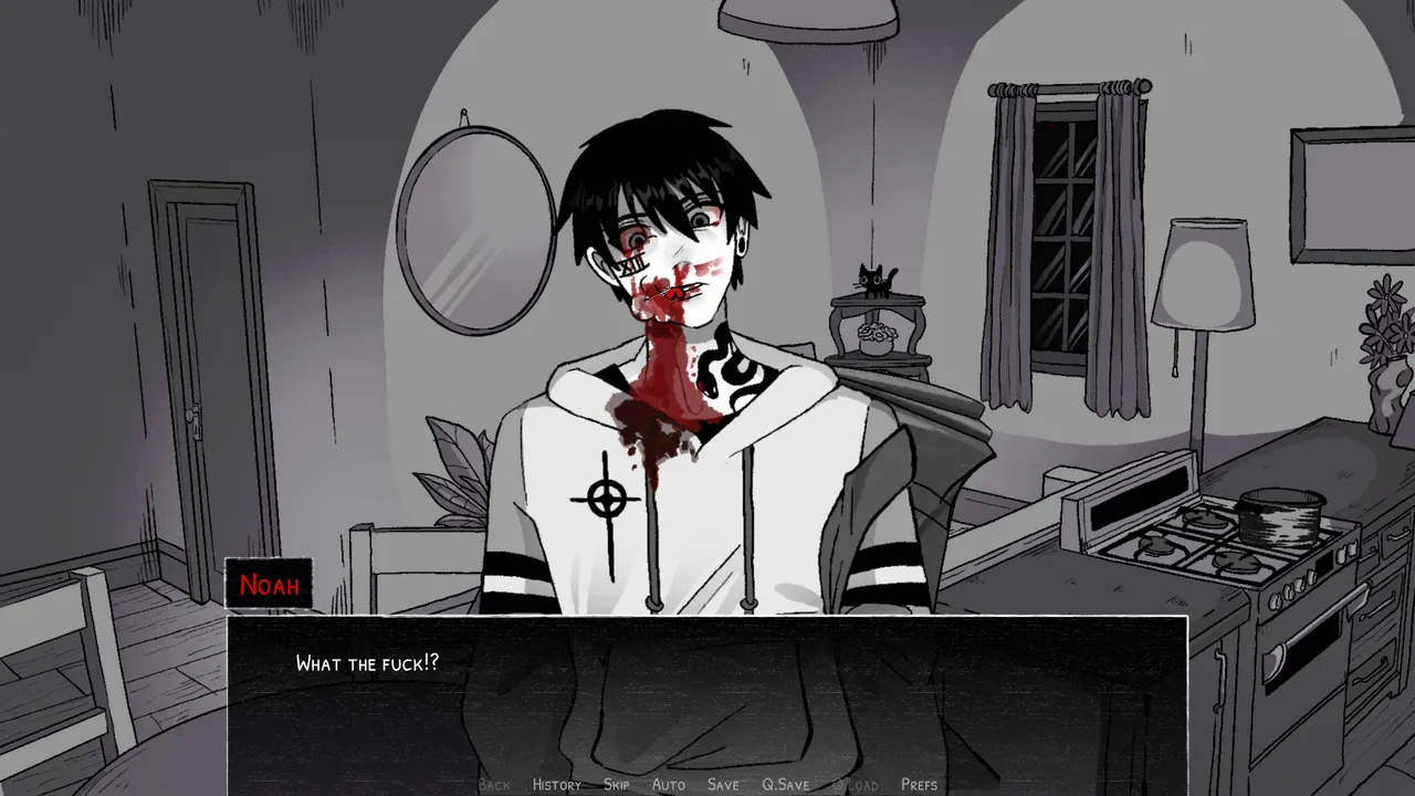Mycopsychosys screenshot: Noah, drawn in black and white, with blood pouring from his mouth down his hoodie in a kitchen, saying What the fuck