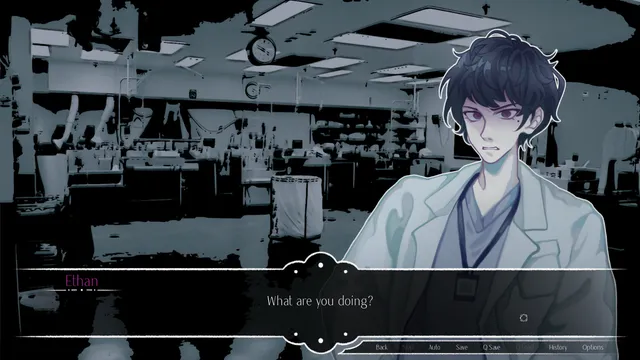 Myosotis screenshot: Ethan in a lab coat in a grey hospital ward, asking What are you doing?
