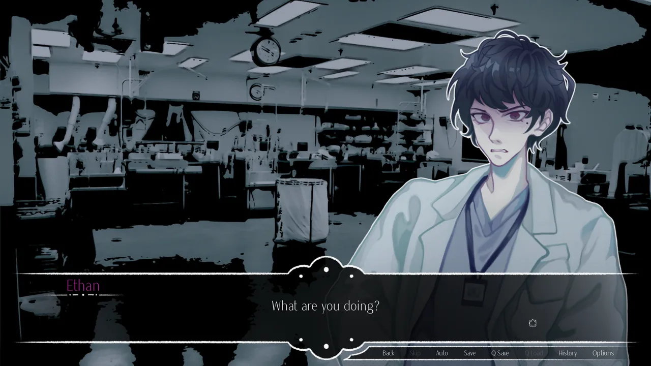 Myosotis screenshot: Ethan in a lab coat in a grey hospital ward, asking What are you doing?