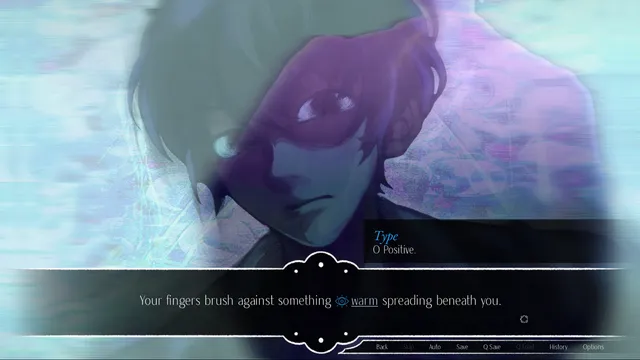 Myosotis screenshot: a distorted, glitching close-up of a face, with text about something warm spreading beneath you
