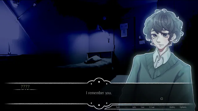 Myosotis screenshot: a pale, glowing young man in a dark blue room saying I remember you