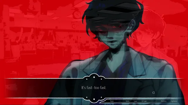 Myosotis screenshot: the screen flooded red as a dark figure looms over Ethan, with the line It's fast, too fast
