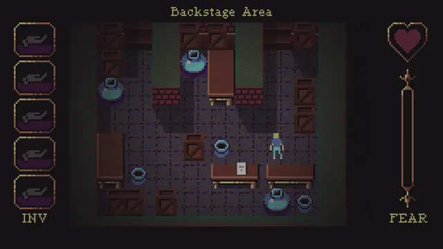 Mystery Mansion screenshot: a backstage area of crates and barrels seen from above