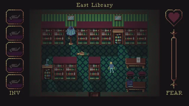 Mystery Mansion screenshot: the east library from above, with bookcases, desks and a small figure, beside a fear meter