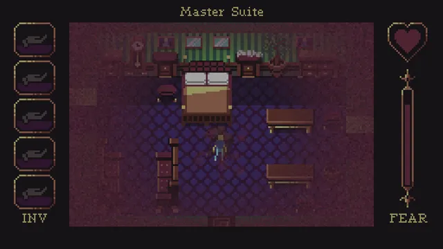 Mystery Mansion screenshot: a small figure in a pixel-art master suite with a bed and dressers, beside inventory slots and a fear meter