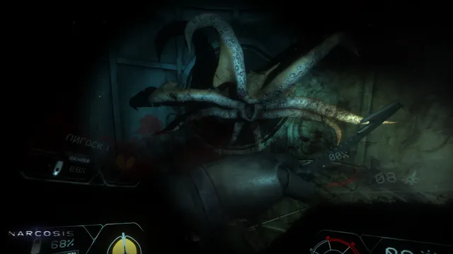 Narcosis screenshot: a large tentacled sea creature lunges at the diver's arm inside a dark flooded room, with the suit's oxygen gauges at the bottom