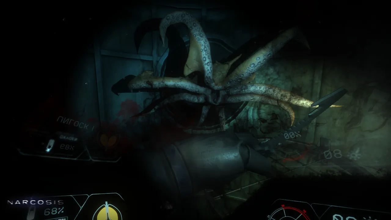 Narcosis screenshot: a large tentacled sea creature lunges at the diver's arm inside a dark flooded room, with the suit's oxygen gauges at the bottom