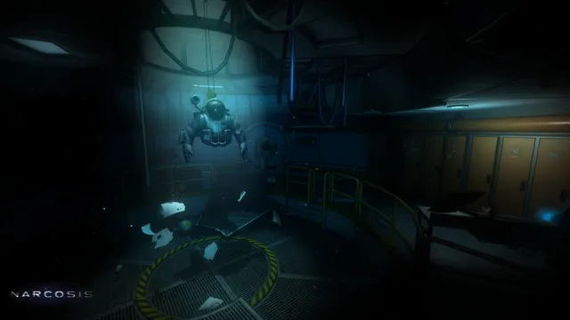 Narcosis screenshot: a diver in a heavy suit inside a dim flooded facility room