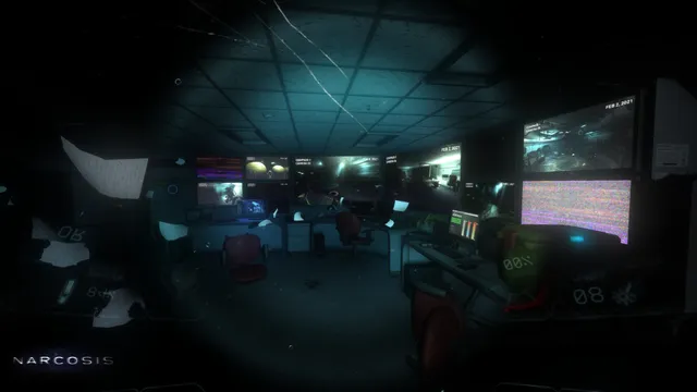 Narcosis screenshot: an abandoned control room full of glowing monitors, seen through the dive helmet