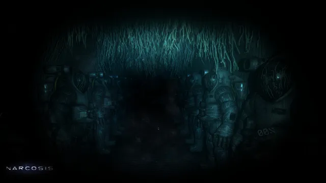 Narcosis screenshot: rows of empty dive suits standing in a dark chamber under hanging roots