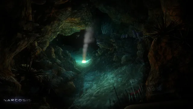 Narcosis screenshot: a rocky underwater tunnel lit by a green flare
