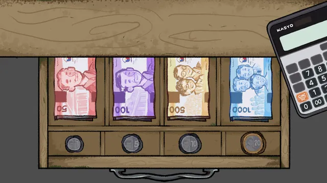 Narinig Mo Ba? screenshot: the cash drawer with Philippine peso notes and coins and a calculator