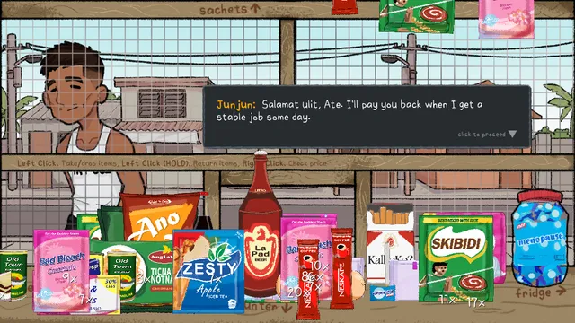 Narinig Mo Ba? screenshot: a young man at the counter says he will pay you back when he gets a stable job, among snacks and drinks