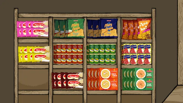Narinig Mo Ba? screenshot: wooden shelves stocked with packets of noodles, snacks and tins