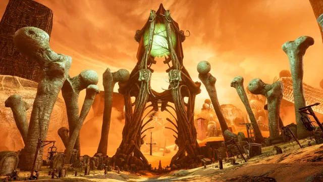 A towering gate of bone and sinew with a green glow, surrounded by giant bone pillars and gravestones under an orange sky