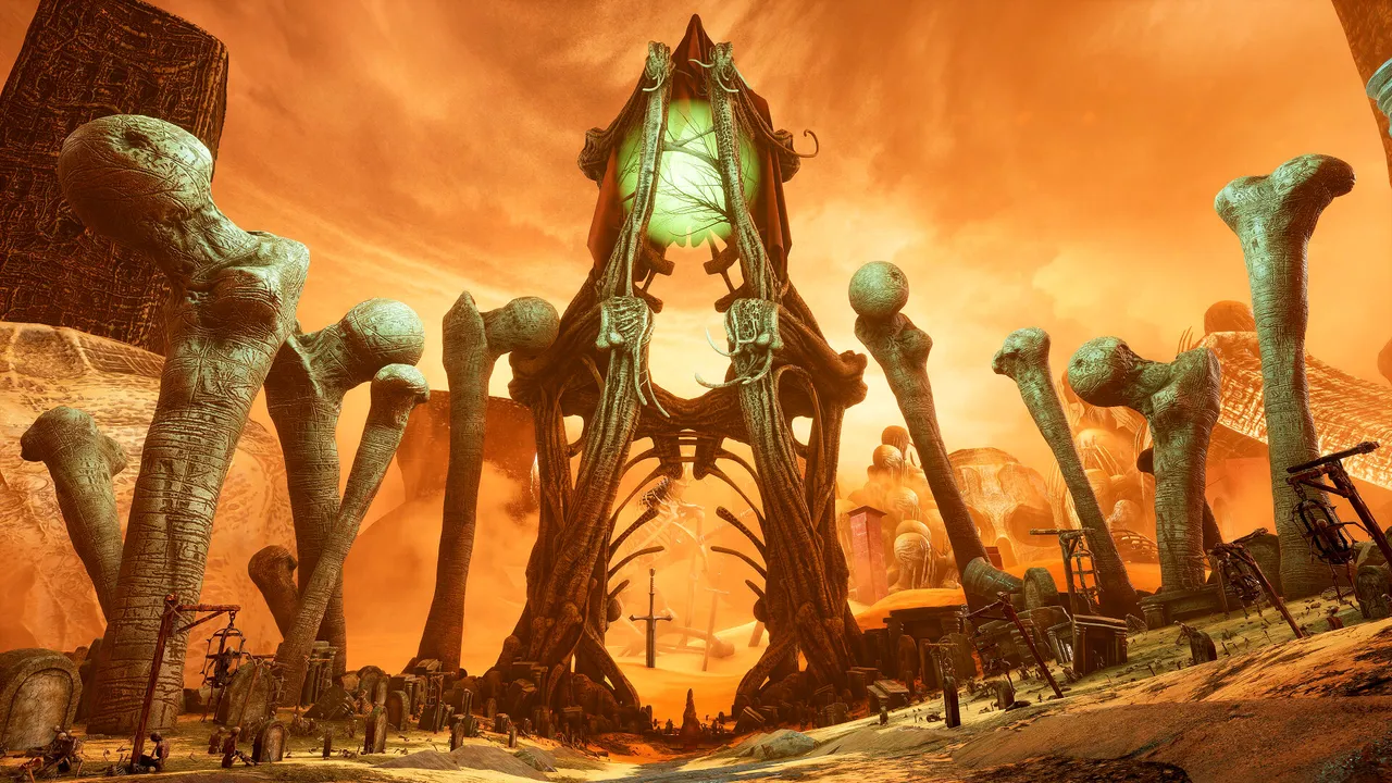 A towering gate of bone and sinew with a green glow, surrounded by giant bone pillars and gravestones under an orange sky