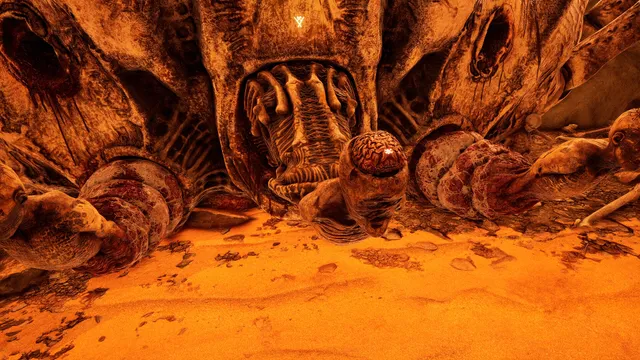 Rows of grotesque organic pods and a ribbed maw half buried in orange sand