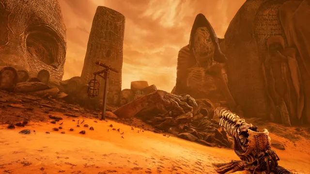 A bone desert with a hooded skeletal statue and a carved monolith, a bony device in the player's hand
