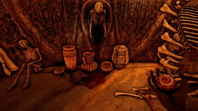 A chamber of skeletons, pots and bones, a bloody eye held in the player's hand