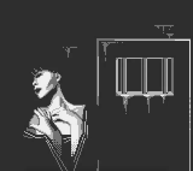A cutscene of a woman's face in profile beside a dark doorway, drawn in Game Boy greys