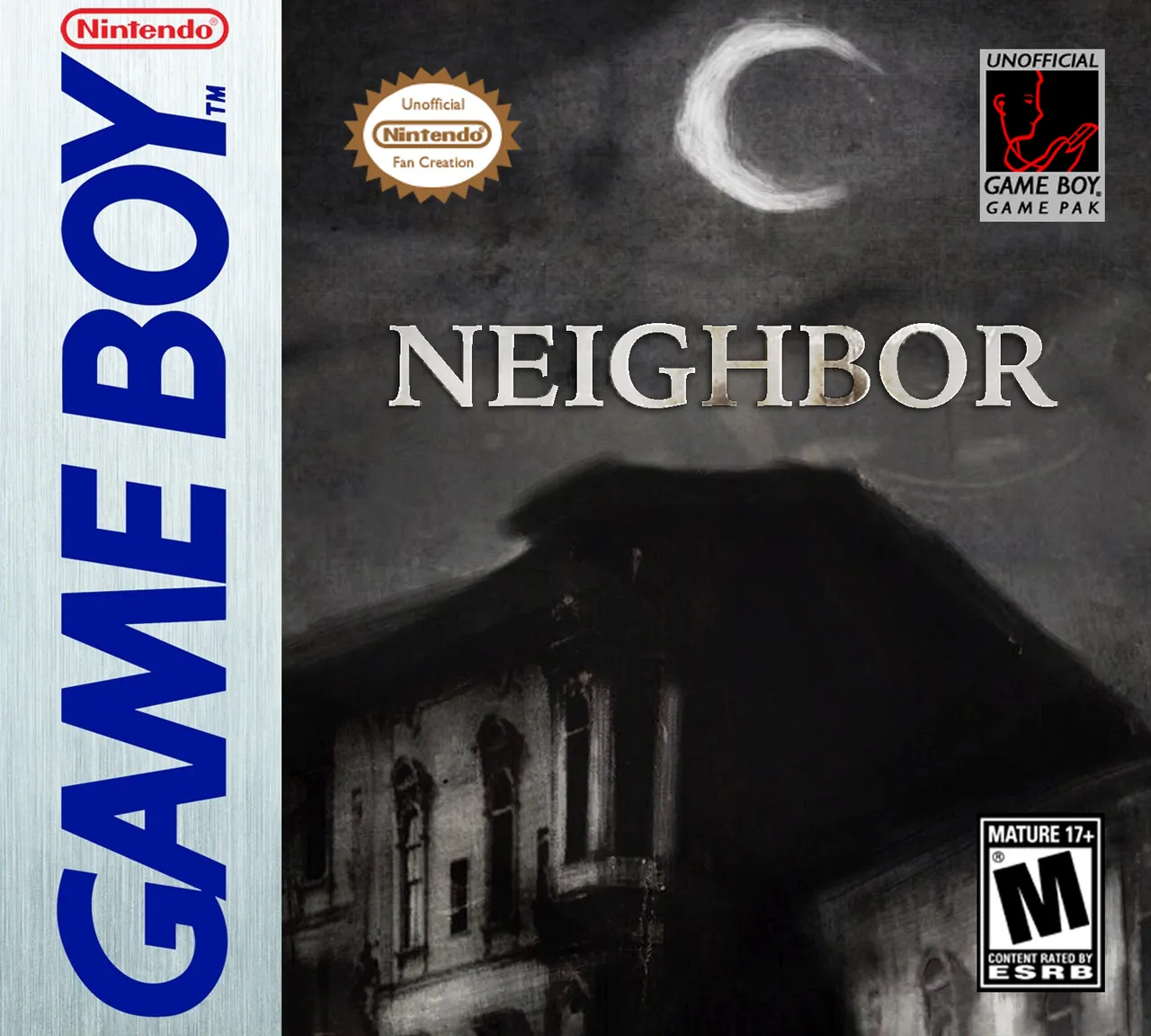 Neighbor Game Boy box art: a dark old apartment building under a crescent moon, with the title and an M rating