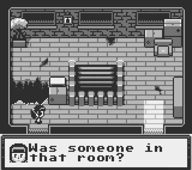 A dim room with a staircase as the heroine asks 'Was someone in that room?'