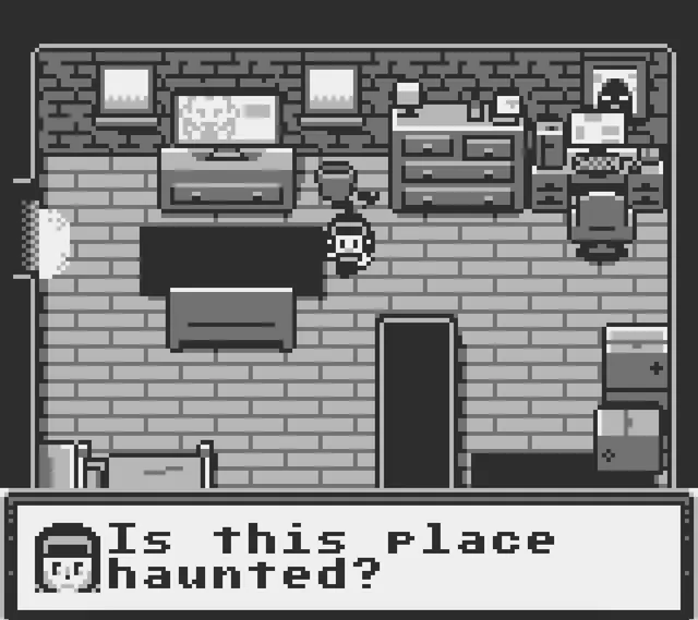 Game Boy-style apartment room with a TV, desk and bed as the heroine asks 'Is this place haunted?'