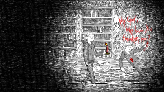 Thomas in a crosshatched library walking past a bleeding figure, with words written in red on the wall