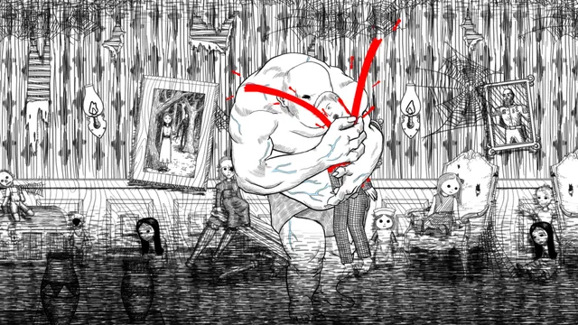 A huge pale monster with red marks crashing through a room full of dolls