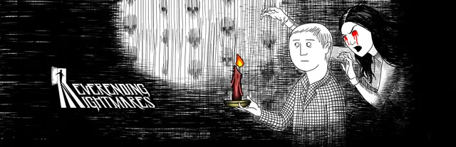 Neverending Nightmares key art: a man holding a red candle while a pale woman with bleeding red eyes reaches for him from behind