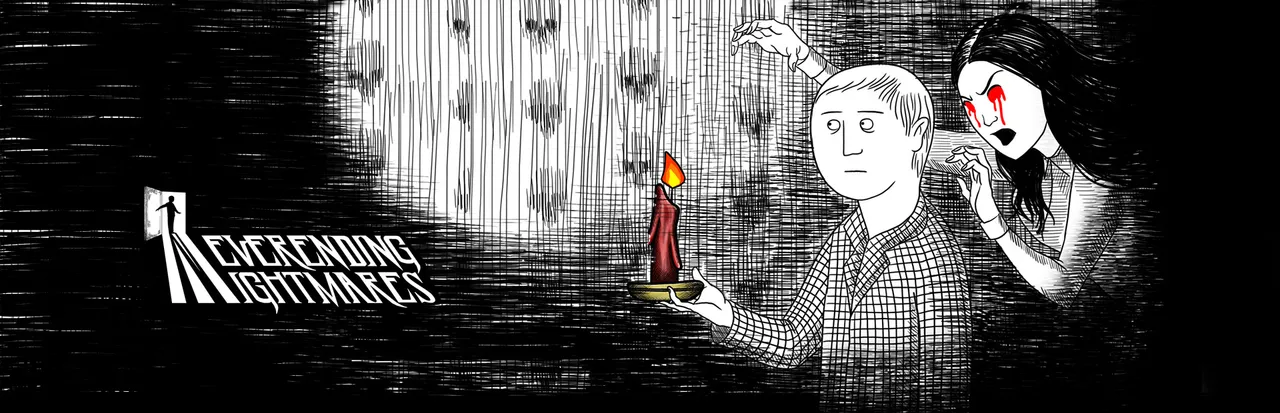 Neverending Nightmares key art: a man holding a red candle while a pale woman with bleeding red eyes reaches for him from behind