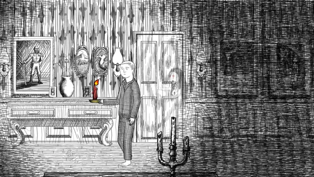 Thomas holding a candle in a black and white hallway hung with portraits
