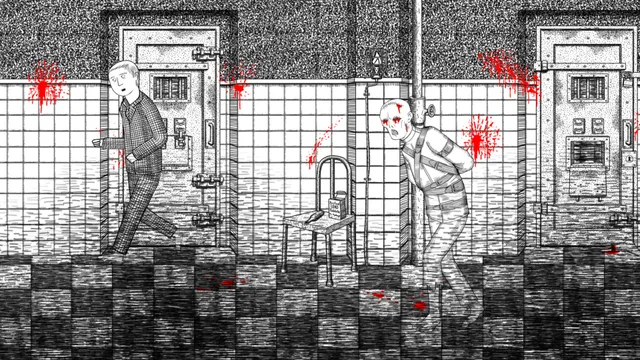 Thomas in a tiled asylum corridor with blood on the walls and a patient in a straitjacket