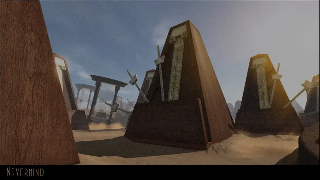 Nevermind: giant wooden metronomes standing in a sandy desert