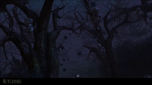 Nevermind: a dark tree hung with pale baby dolls under a night sky