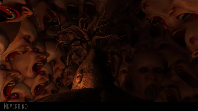 Nevermind: a wall of countless screaming human faces around a bare tree in red light