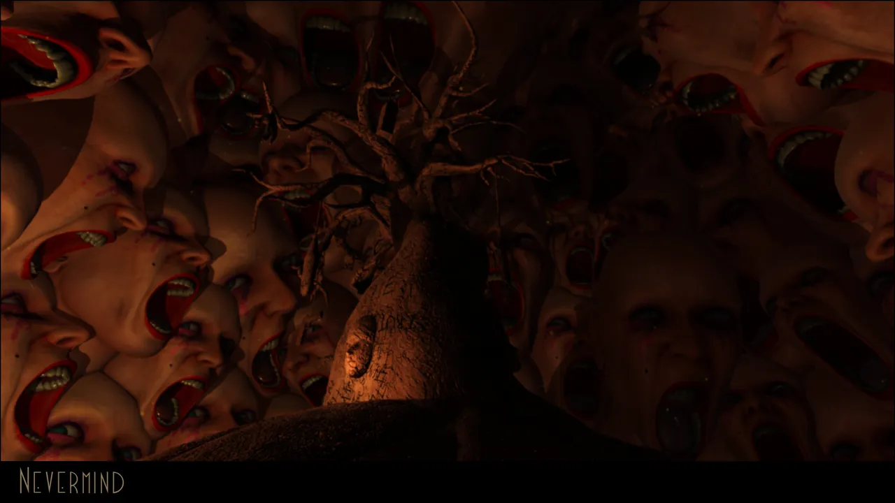 Nevermind: a wall of countless screaming human faces around a bare tree in red light