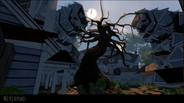 Nevermind: a twisted tree under the moon in a town whose houses fold up and over the sky