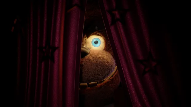A furry, realistic Freddy Fazbear peering with one bright blue eye through a gap in red stage curtains
