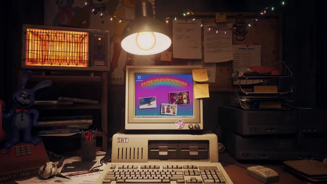 The security office: an old beige computer showing Fazbear Enterprises, a desk lamp, a heater, notes and a Bonnie figure