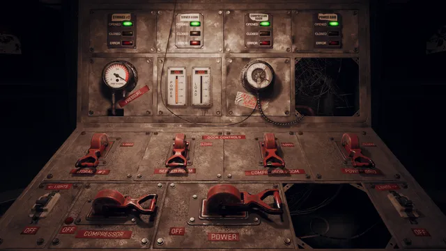 A rusted control panel of levers and gauges for doors, lights, compressor and power