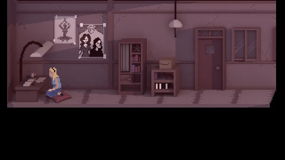 NextDoor screenshot: a blonde woman sits on a cushion in a dim reddish bedroom with a desk, posters and a door