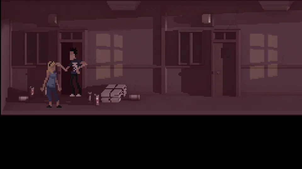 NextDoor screenshot: the woman talks to a man at an open door in a corridor strewn with rubbish and bottles