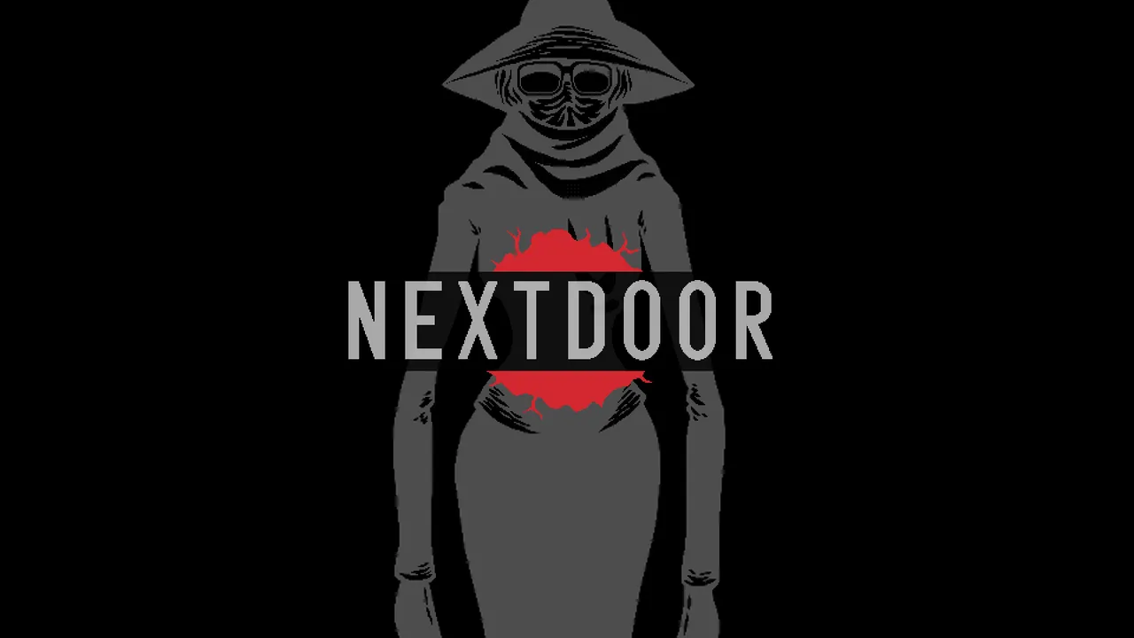 NextDoor cover: a tall grey figure in a wide hat and a mask stands on a black background behind the title and a red splash