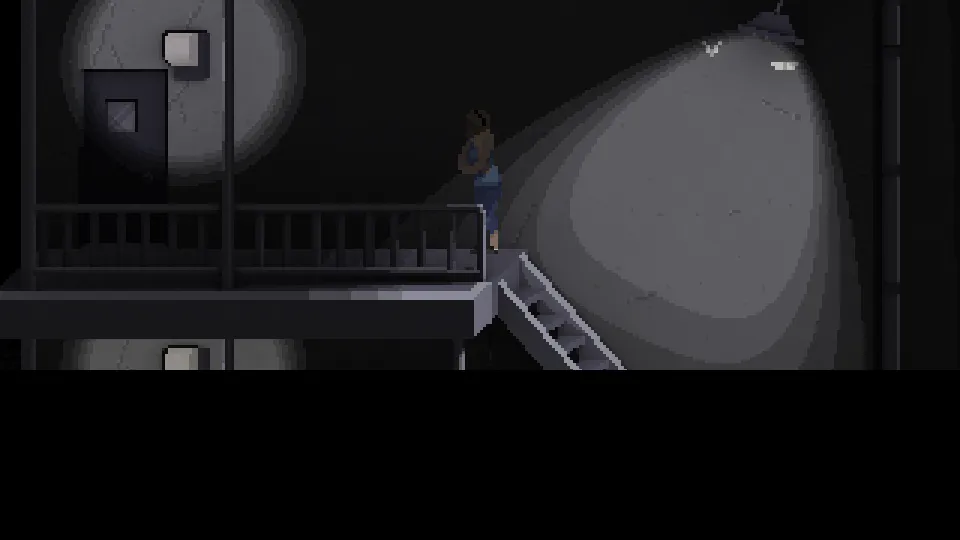 NextDoor screenshot: a woman stands on a dark apartment walkway under a cone of light from a hanging lamp
