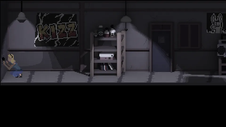 NextDoor screenshot: a grey room with a band poster and a shelf of skulls, the woman crouched in a corner