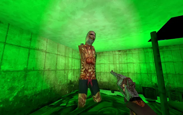 A flayed, bloody zombie in a green-lit tiled room faces the player's raised revolver